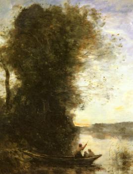 Jean-Baptiste-Camille Corot : Le Batelier Quittant La Rive Avec Une Femme Et Un Enfant Assis Dans Sa Barque, Soleil Couchant